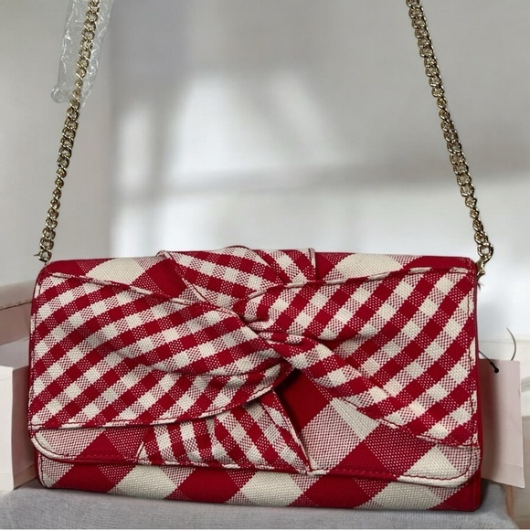Talbots Handbags - Talbots Red and White Gingham Bow Shoulder Handbag Clutch Gold Accent Chain New